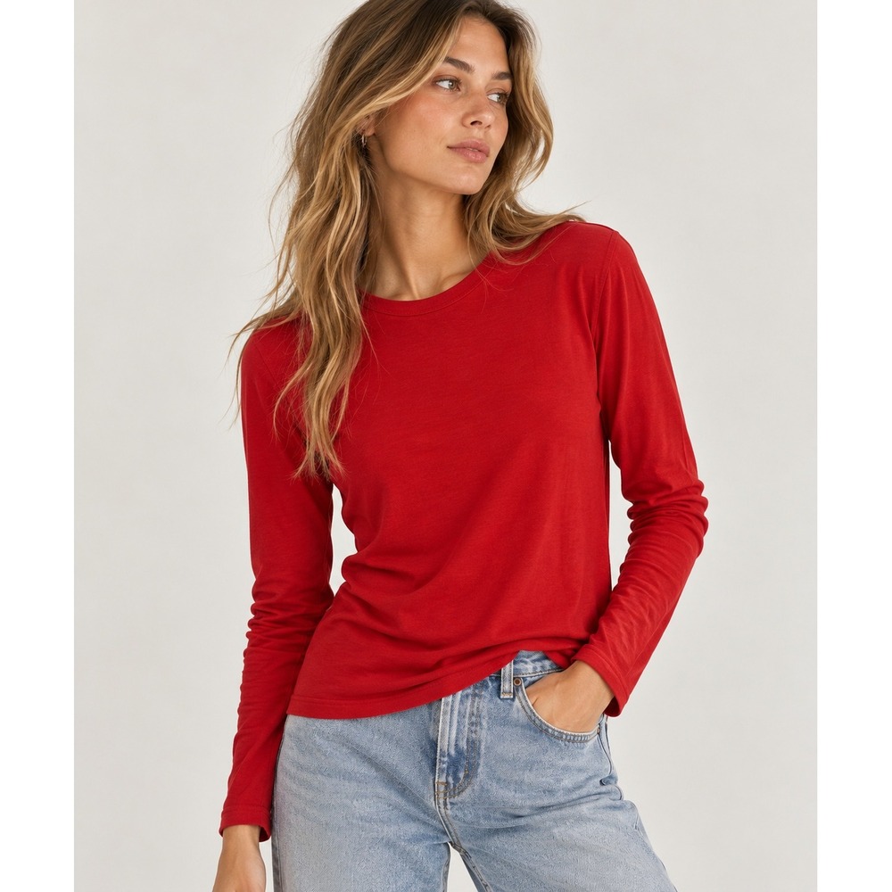 Jones JNY Top Womens L Red Long Sleeve Pima Cotton Modal Ribbed Capsule Natural